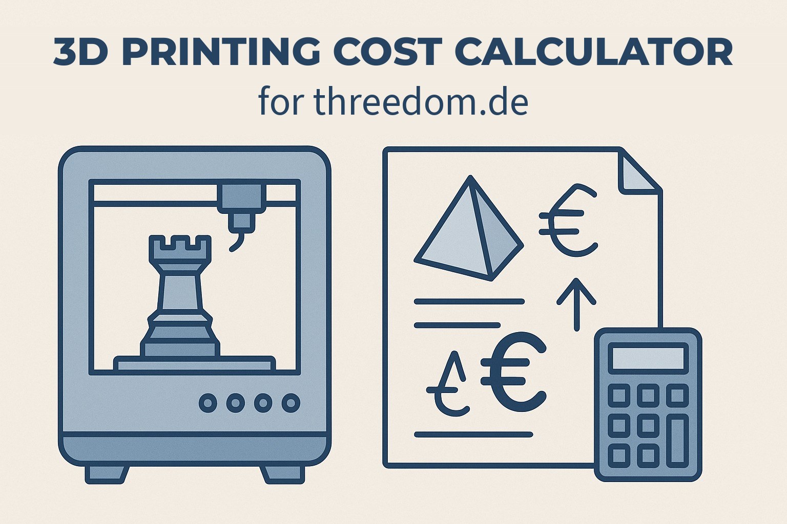 3D printing cost calculator: a 3D printer next to a cost sheet with a calculator