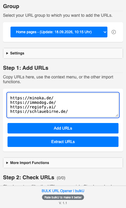 bulkU side panel with the empty group Home pages selected; four addresses, one per line, in the text box under Step 1: Add URLs, above the Add URLs and Extract URLs buttons.