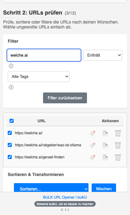 Bereich „Schritt 2: URLs prüfen“ in bulkU: im Filter steht „welche.ai“ mit der Einstellung „Enthält“, die Liste zeigt drei Adressen von welche.ai, die Zählung lautet 3/12.