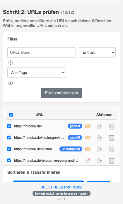 Liste unter „Schritt 2: URLs prüfen“ in bulkU: neben den Adressen stehen die Tags „geprüft“ und „überarbeiten“ als blaue Etiketten, darüber der Filter mit der Auswahl „Alle Tags“.