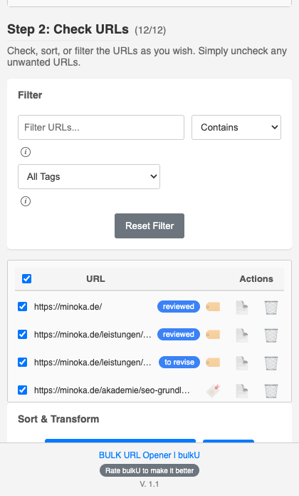 URL list under Step 2: Check URLs in bulkU with the blue tag badges reviewed and to revise next to the addresses; the tag selector in the filter above reads All Tags.