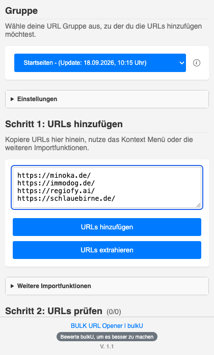 Seitenleiste von bulkU mit der gewählten Gruppe „Startseiten“; im Textfeld unter „Schritt 1: URLs hinzufügen“ stehen vier Adressen, eine pro Zeile, darunter die Knöpfe „URLs hinzufügen“ und „URLs extrahieren“.