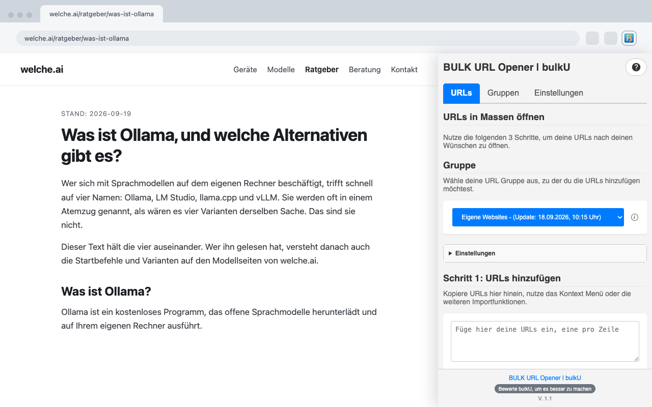 Browserfenster mit dem Ratgeber „Was ist Ollama, und welche Alternativen gibt es?“ von welche.ai, rechts daneben bulkU als Seitenleiste im Tab „URLs“: Auswahl der Gruppe „Eigene Websites“, der zugeklappte Bereich „Einstellungen“ und das Textfeld unter „Schritt 1: URLs hinzufügen“.