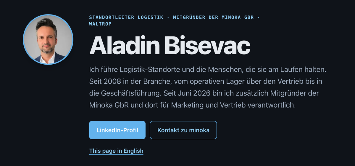 Kopfbereich von aladinbisevac.com mit Porträt und Kurztext