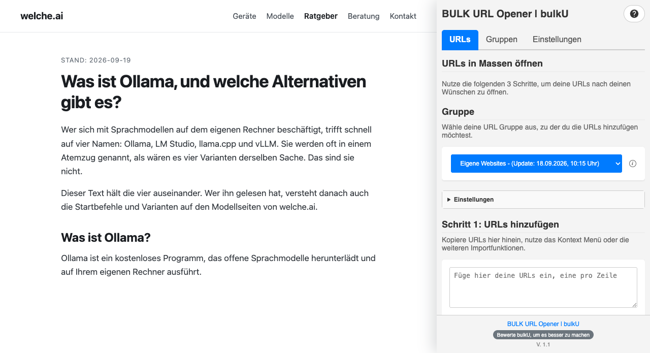 Seitenleiste von bulkU neben einer geöffneten Seite, mit Gruppenauswahl und Eingabefeld für URLs