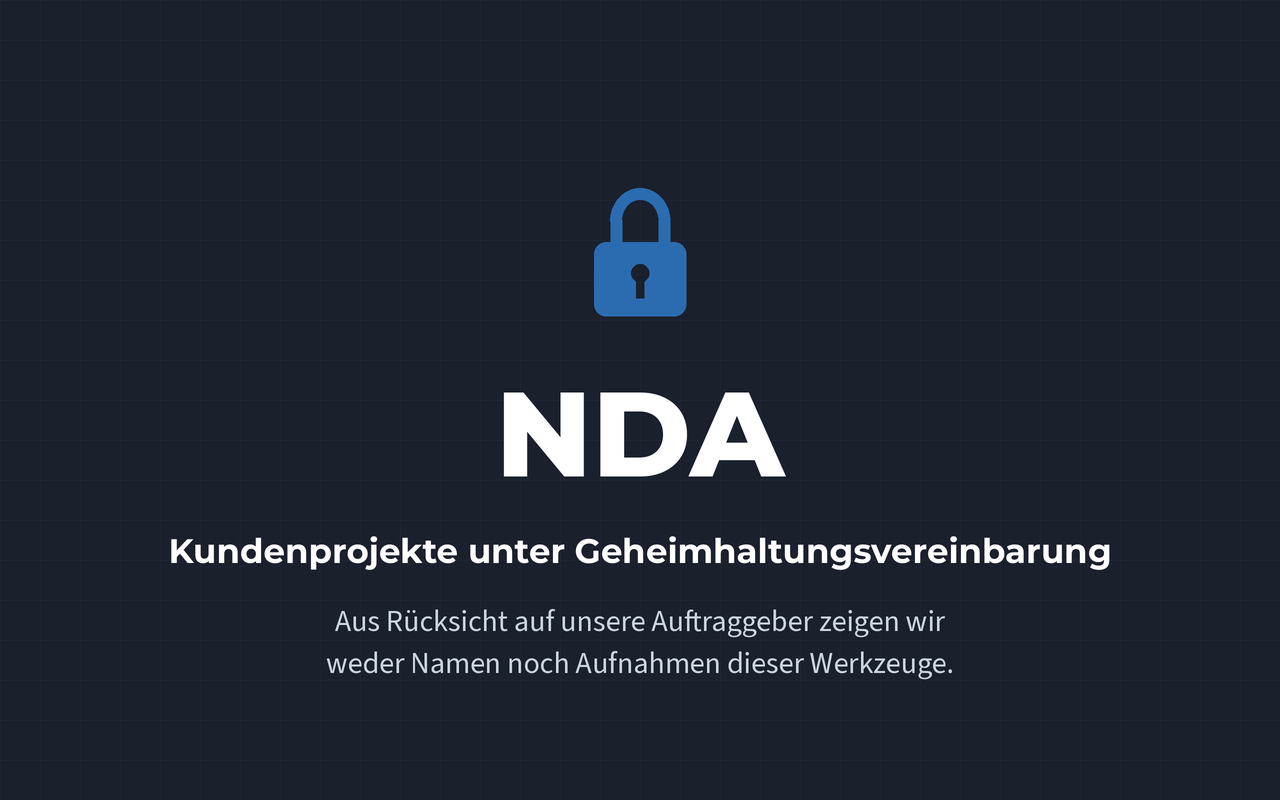Platzhalter mit Schloss und der Aufschrift NDA: Kundenprojekte unter Geheimhaltungsvereinbarung, ohne Namen und ohne Aufnahme