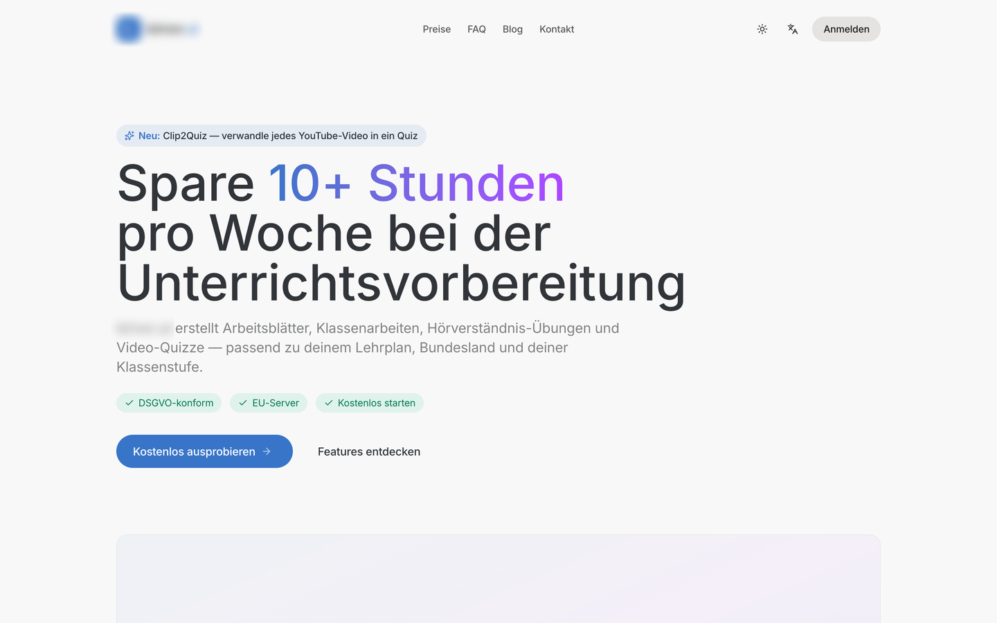 Startseite des KI-Werkzeugs für Lehrkräfte, Logo und Name weichgezeichnet