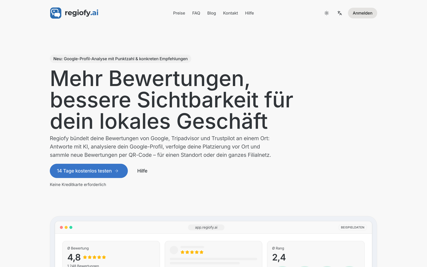 Startseite von regiofy.ai mit der Überschrift „Mehr Bewertungen, bessere Sichtbarkeit …“ und den Beispieldaten der Anwendung