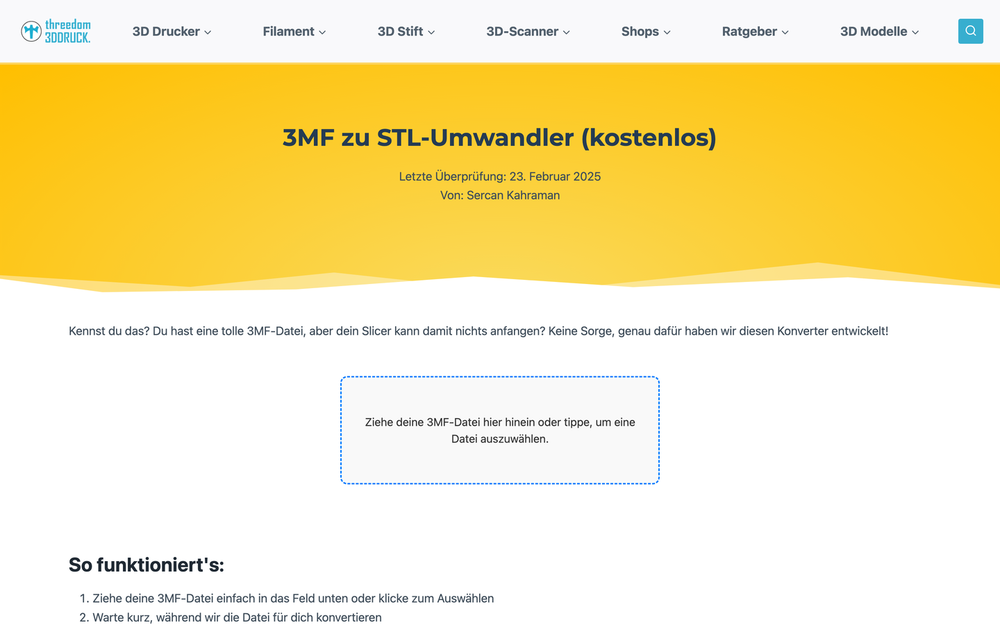 Der kostenlose 3MF-zu-STL-Umwandler auf threedom.de mit Ablagefeld