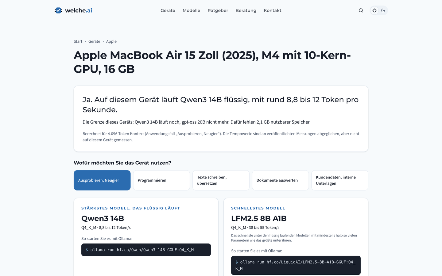 Geräteseite auf welche.ai für das MacBook Air 15 Zoll mit M4: Antwortsatz, Grenze des Geräts und Auswahl nach Anwendungsfall
