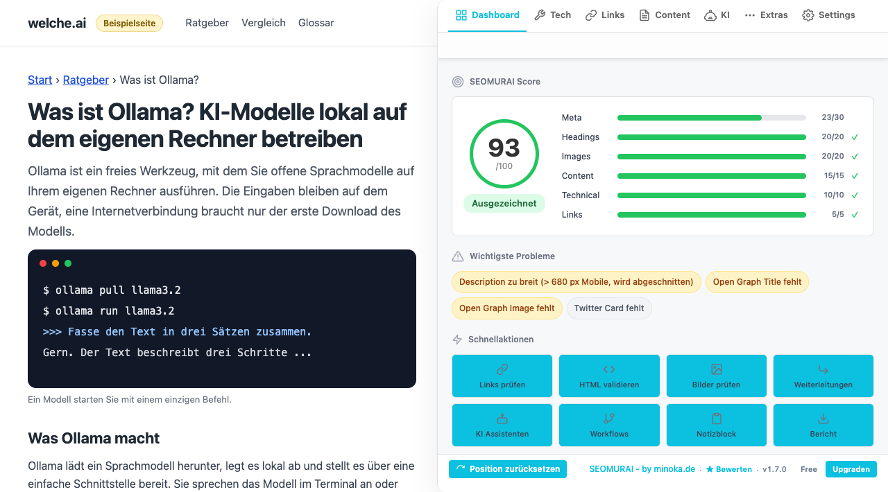 Dashboard von SEOMURAI neben einem nachgebauten Beispielartikel im Stil von welche.ai: SEOMURAI Score 93 von 100 mit Teilwerten für Meta, Headings, Images, Content, Technical und Links, darunter die wichtigsten Probleme und acht Schnellaktionen.