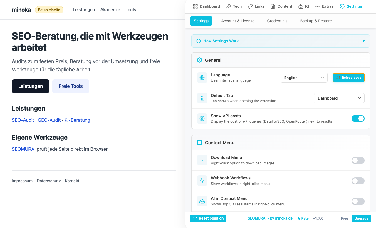 SEOMURAI settings on a mock-up page modeled on minoka.de: the General section with English as the language, Dashboard as the default tab and API costs switched on, followed by the Context Menu section with the download menu, webhook workflows and AI entries switched off.