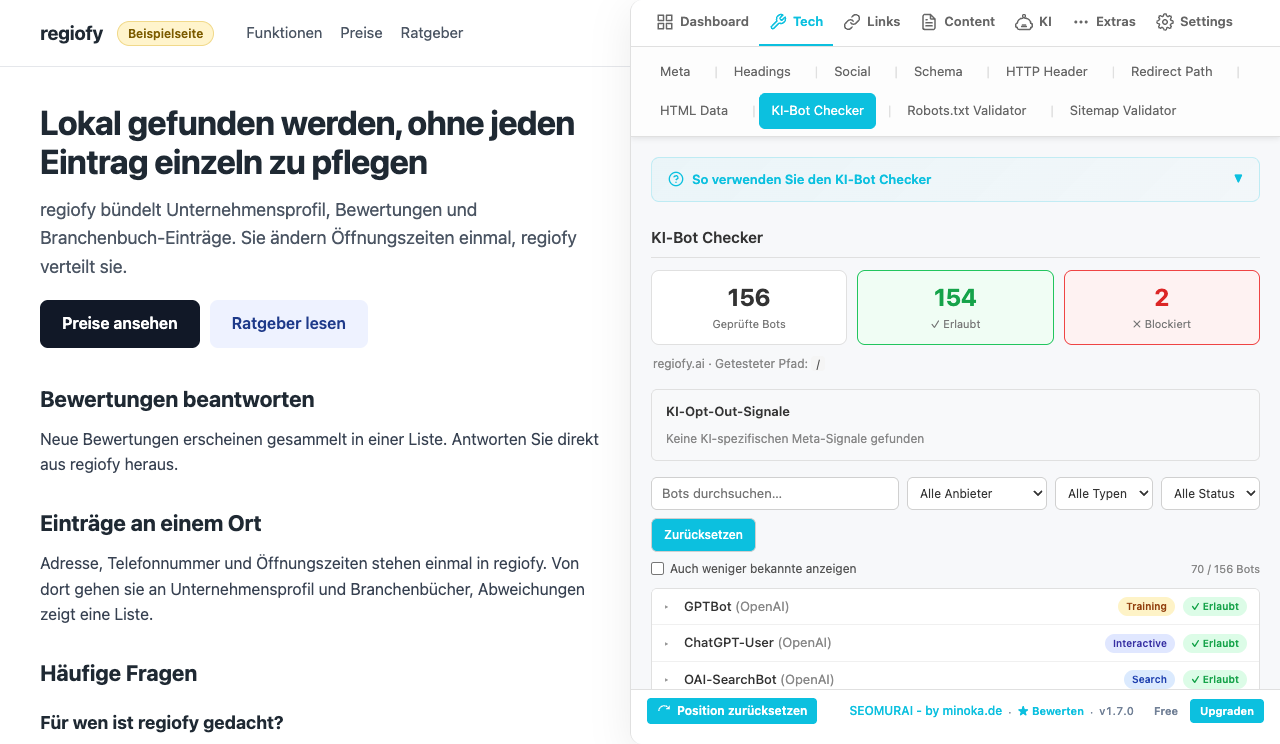 KI-Bot Checker von SEOMURAI auf einer nachgebauten Beispielseite im Stil von regiofy.ai: 156 geprüfte Bots, 154 erlaubt, 2 blockiert, darunter Suchfeld und Filter und eine Liste mit GPTBot, ChatGPT-User und OAI-SearchBot, jeweils mit dem Status „Erlaubt“.