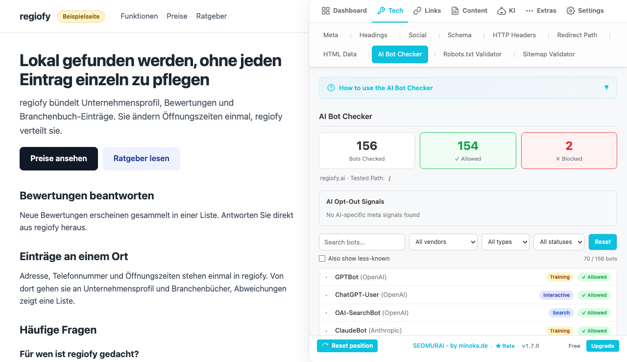 SEOMURAI AI Bot Checker on a mock-up page modeled on regiofy.ai: 156 bots checked, 154 allowed, 2 blocked, with a search field and filters above a list that begins with GPTBot, ChatGPT-User and OAI-SearchBot, all marked allowed.