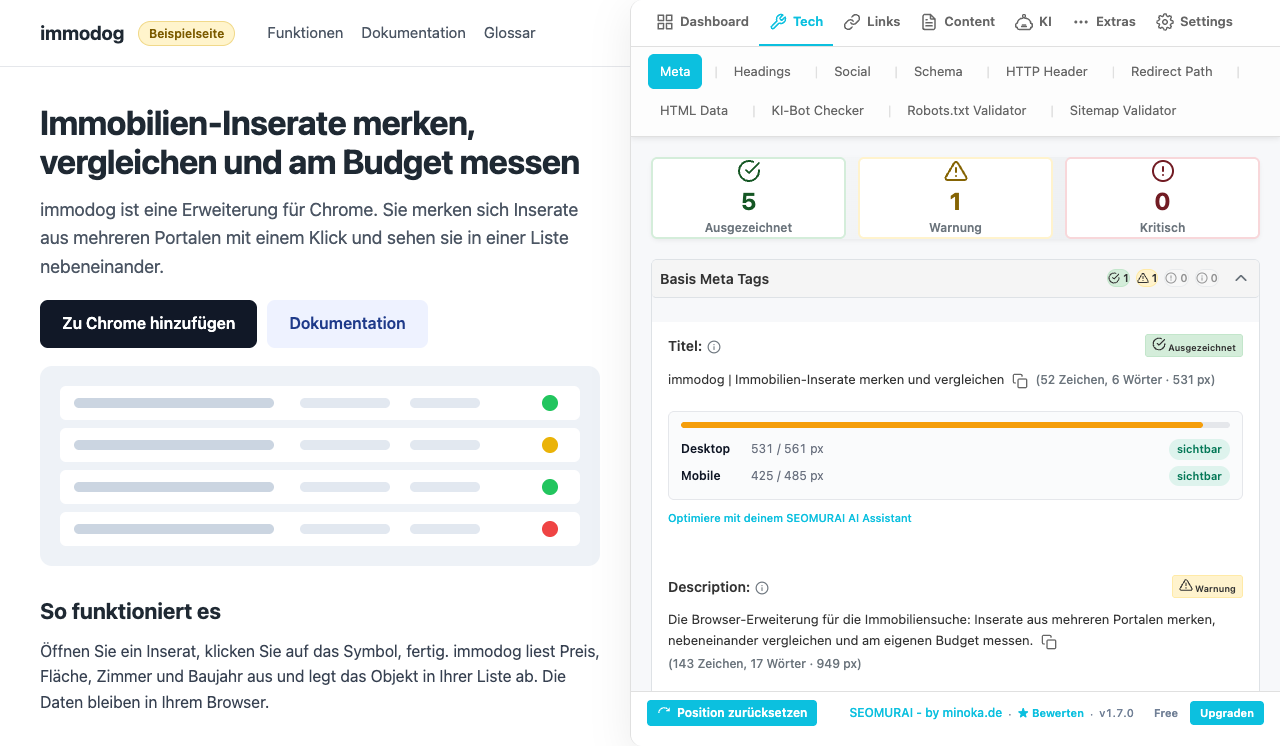 Meta-Analyse von SEOMURAI auf einer nachgebauten Beispielseite im Stil von immodog.de: fünf Prüfungen ausgezeichnet, eine Warnung; der Titel ist 531 px breit und auf Desktop und Mobil sichtbar, die Description ist 949 px breit und mit einer Warnung markiert.
