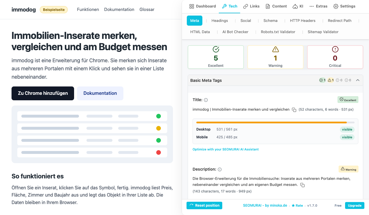 SEOMURAI meta analysis on a mock-up page modeled on immodog.de: five checks rated excellent and one warning; the 531 px title is visible on desktop and mobile, and the 949 px description carries a warning.