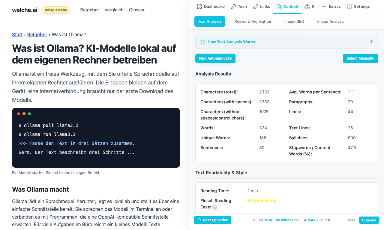 SEOMURAI Text Analysis on a mock-up article modeled on welche.ai: 334 words, 30 sentences and 20 paragraphs, followed by a two-minute reading time and a Flesch Reading Ease score of 64.